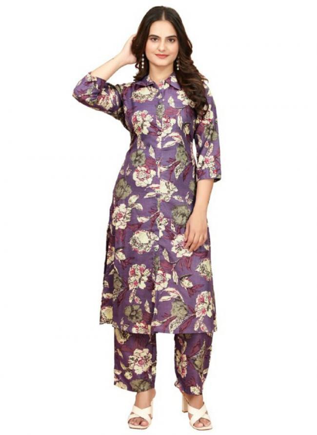 Cotton Purple Casual Wear Printed Readymade Cord Set